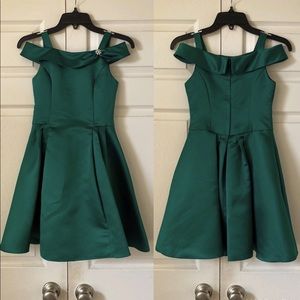 Jessica McClintock emerald green satin silver rhinestone pageant interview